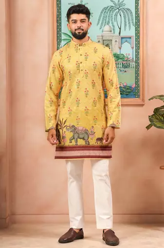 Yellow color beautiful blended cotton fabric ceremonial kurta pjyama
