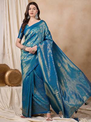 Riva enterprise women's elegant golden zari woven kanjivaram silk saree with matching blouse 1