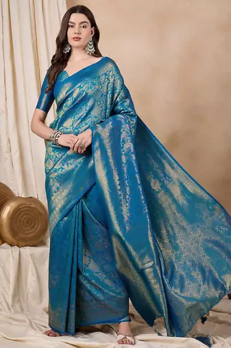 Riva enterprise women's elegant golden zari woven kanjivaram silk saree with matching blouse