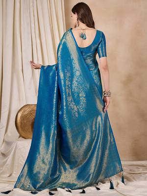 Riva enterprise women's elegant golden zari woven kanjivaram silk saree with matching blouse 2