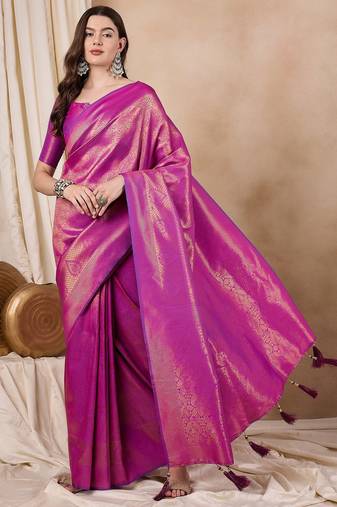Riva enterprise women's elegant golden zari woven kanjivaram silk saree with matching blouse