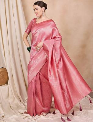 Riva enterprise women's elegant golden zari woven kanjivaram silk saree with matching blouse 3