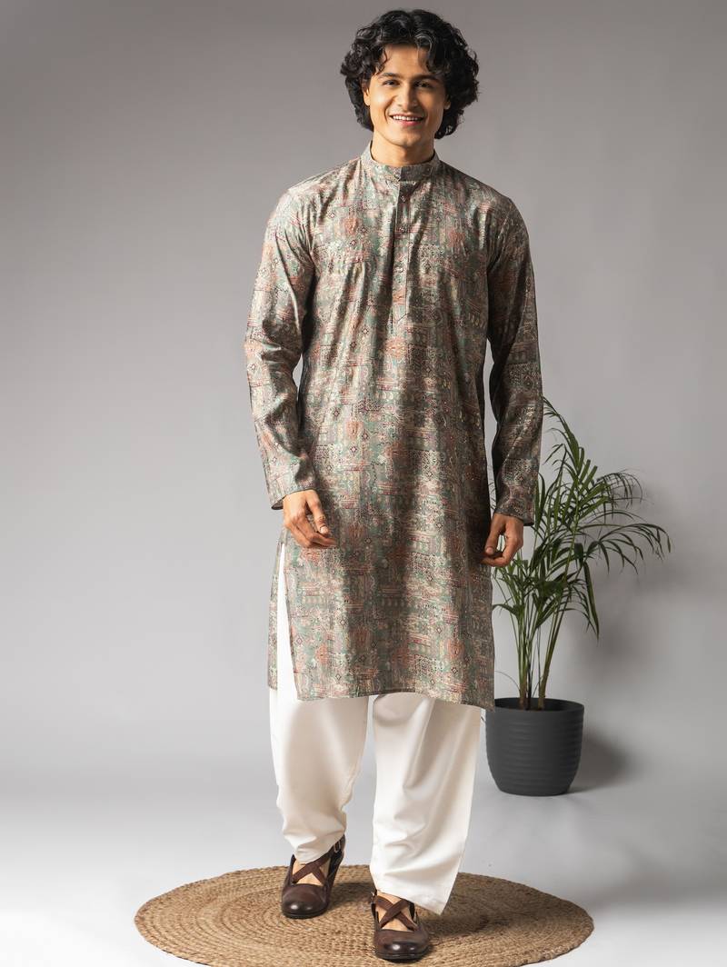 Ash Grey color modal silk fabric designer ceremonial kurta payjama for men's