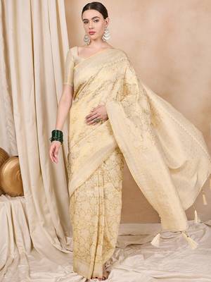 Riva enterprise women's elegant golden zari woven kanjivaram silk saree with matching blouse 1