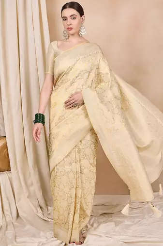 Riva enterprise women's elegant golden zari woven kanjivaram silk saree with matching blouse