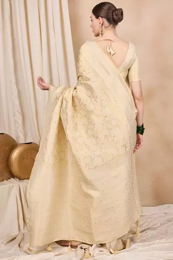 Riva enterprise women's elegant golden zari woven kanjivaram silk saree with matching blouse