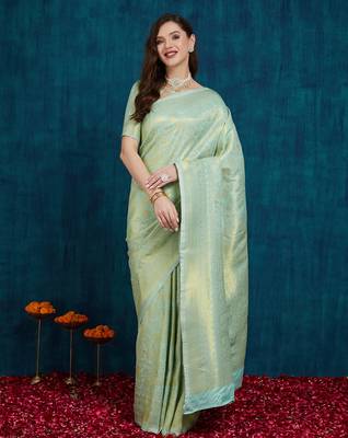Riva enterprise women's elegant golden zari woven kanjivaram silk saree with matching blouse 1
