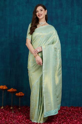 Riva enterprise women's elegant golden zari woven kanjivaram silk saree with matching blouse