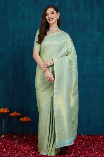 Riva enterprise women's elegant golden zari woven kanjivaram silk saree with matching blouse