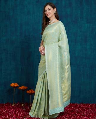 Riva enterprise women's elegant golden zari woven kanjivaram silk saree with matching blouse 2