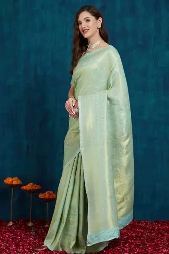 Riva enterprise women's elegant golden zari woven kanjivaram silk saree with matching blouse