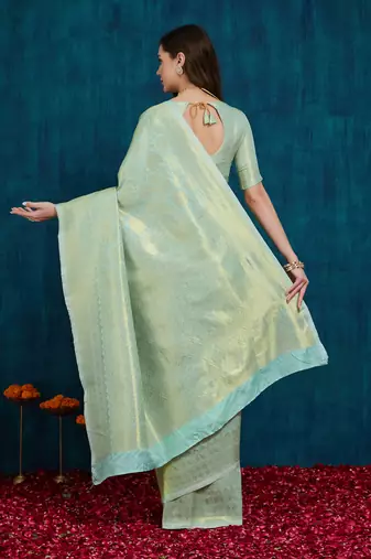 Riva enterprise women's elegant golden zari woven kanjivaram silk saree with matching blouse