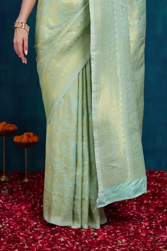 Riva enterprise women's elegant golden zari woven kanjivaram silk saree with matching blouse