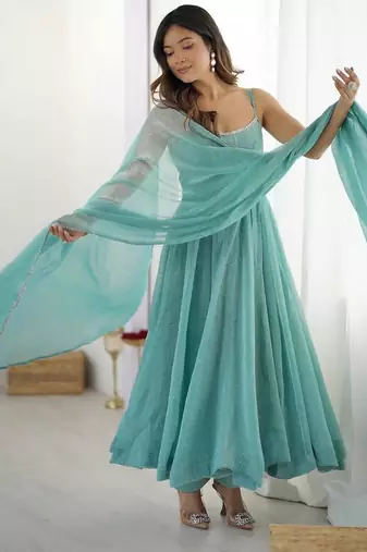 Aqua blue designer party wear crunchy silk anarkali suit with swarovski work, pants & dupatta