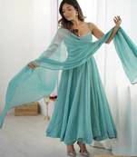 Aqua blue designer party wear crunchy silk anarkali suit with swarovski work, pants & dupatta