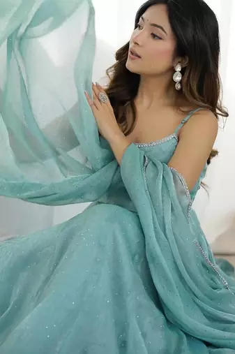 Aqua blue designer party wear crunchy silk anarkali suit with swarovski work, pants & dupatta