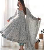 Light blue floral print heavy organza chiffon stitched anarkali style suit with pants & dupatta ready to wear