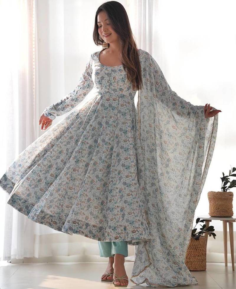 Light blue floral print heavy organza chiffon stitched anarkali style suit with pants & dupatta ready to wear