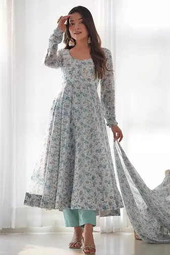 Light blue floral print heavy organza chiffon stitched anarkali style suit with pants & dupatta ready to wear