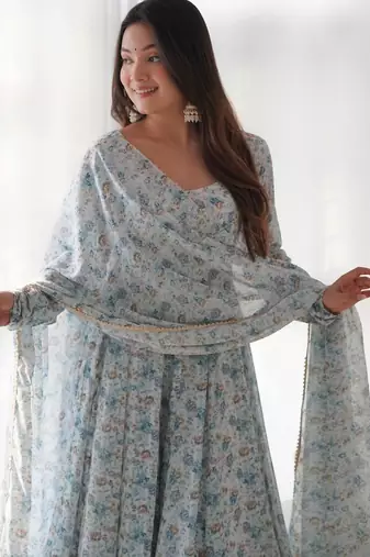 Light blue floral print heavy organza chiffon stitched anarkali style suit with pants & dupatta ready to wear