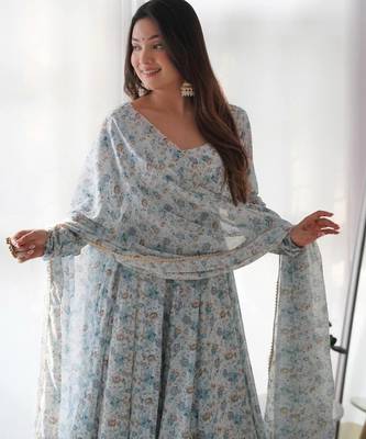 Light blue floral print heavy organza chiffon stitched anarkali style suit with pants & dupatta ready to wear 6