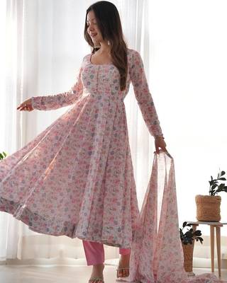 Light pink floral print heavy organza chiffon stitched anarkali style suit with pants & dupatta ready to wear 1
