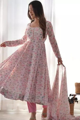 Light pink floral print heavy organza chiffon stitched anarkali style suit with pants & dupatta ready to wear