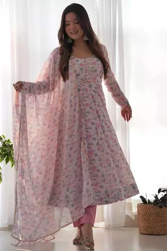 Light pink floral print heavy organza chiffon stitched anarkali style suit with pants & dupatta ready to wear