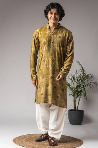 Tie dye green color rayon fabric designer ceremonial kurta payjama for men's
