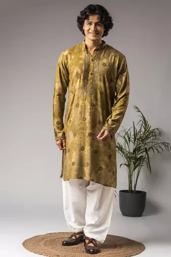 Tie dye green color rayon fabric designer ceremonial kurta payjama for men's