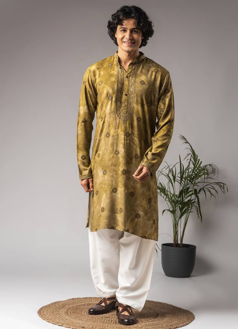 Tie dye green color rayon fabric designer ceremonial kurta payjama for men's