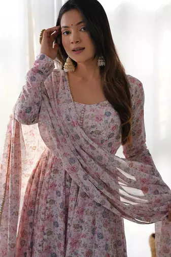 Light pink floral print heavy organza chiffon stitched anarkali style suit with pants & dupatta ready to wear
