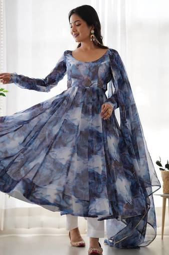 Navy blue designer party wear marble print organza silk anarkali suit with pants & dupatta