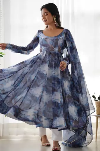Navy blue designer party wear marble print organza silk anarkali suit with pants & dupatta