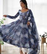 Navy blue designer party wear marble print organza silk anarkali suit with pants & dupatta