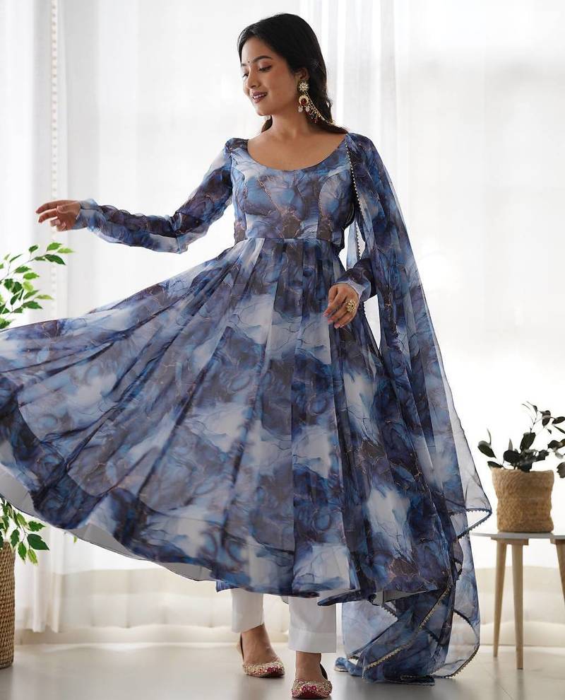 Navy blue designer party wear marble print organza silk anarkali suit with pants & dupatta
