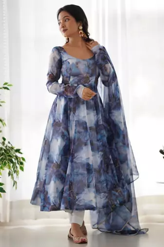 Navy blue designer party wear marble print organza silk anarkali suit with pants & dupatta