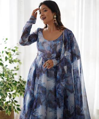 Navy blue designer party wear marble print organza silk anarkali suit with pants & dupatta 4