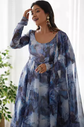 Navy blue designer party wear marble print organza silk anarkali suit with pants & dupatta