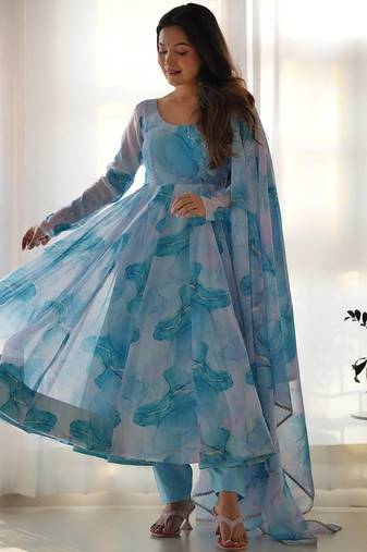Sky blue designer party wear marble print organza silk anarkali suit with pants & dupatta