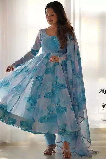 Sky blue designer party wear marble print organza silk anarkali suit with pants & dupatta