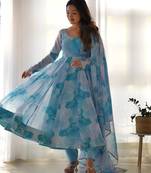 Sky blue designer party wear marble print organza silk anarkali suit with pants & dupatta