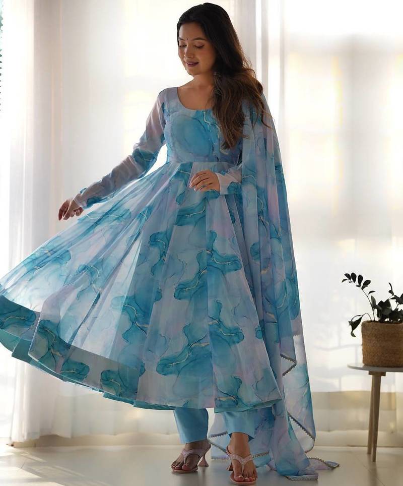 Sky blue designer party wear marble print organza silk anarkali suit with pants & dupatta