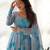 Sky blue designer party wear marble print organza silk anarkali suit with pants & dupatta