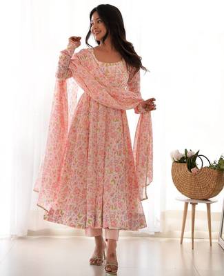 Light pink floral print heavy organza chiffon fully stitched anarkali style suit with pants & dupatta 1