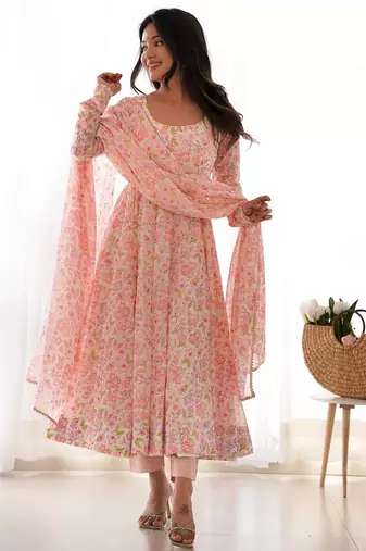 Light pink floral print heavy organza chiffon fully stitched anarkali style suit with pants & dupatta