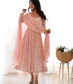 Light pink floral print heavy organza chiffon fully stitched anarkali style suit with pants & dupatta