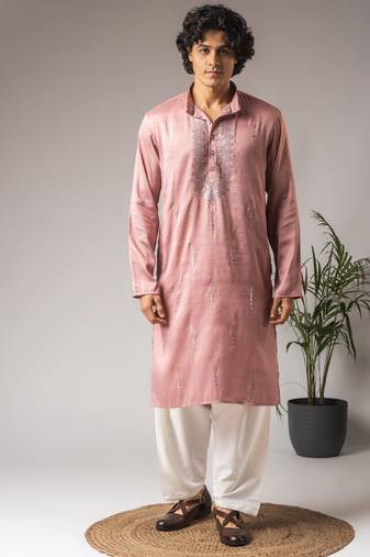 Pink color super silk fabric designer ceremonial kurta payjama for men's