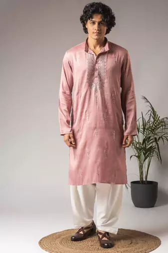 Pink color super silk fabric designer ceremonial kurta payjama for men's
