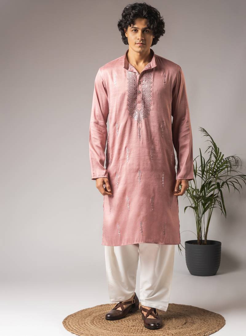 Pink color super silk fabric designer ceremonial kurta payjama for men's